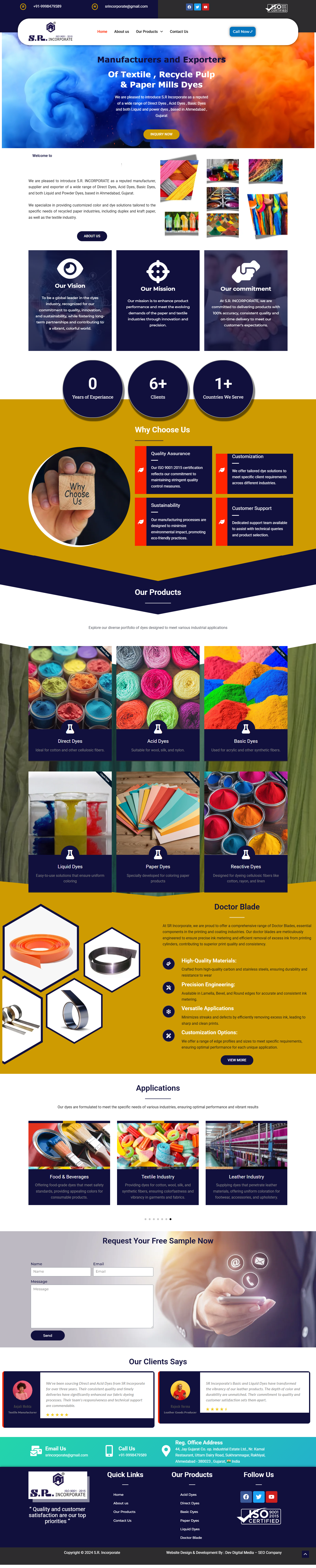 Attractive & Colorful Website Design Layout make for SR Incorporate is an Ahmedabad based Dyes Manufacturer Company